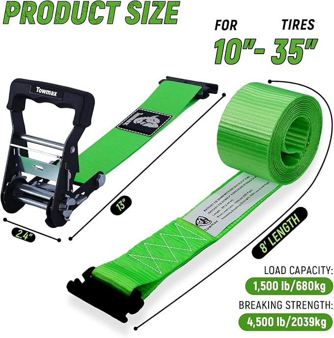 UTV Wheel Chock Tie-Down Kit - 4,500lb Break Strength Heavy Duty Trailer Tire Straps System - 4Pack 2" x 8' E Track Ratchet Straps for SXS, UTV, ATV, Lawn Mower (Bright Green)