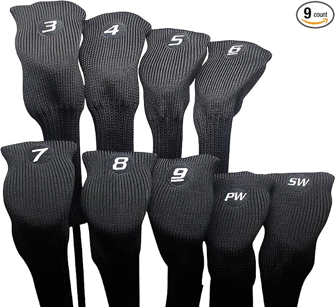Majek All Hybrid Golf Club Black Sleek Tight Fit Headcover Set 3-SW Acrylic Head Covers 3 4 5 6 7 8 9 PW SW (Total of 9 Hybrid Head cover Set)