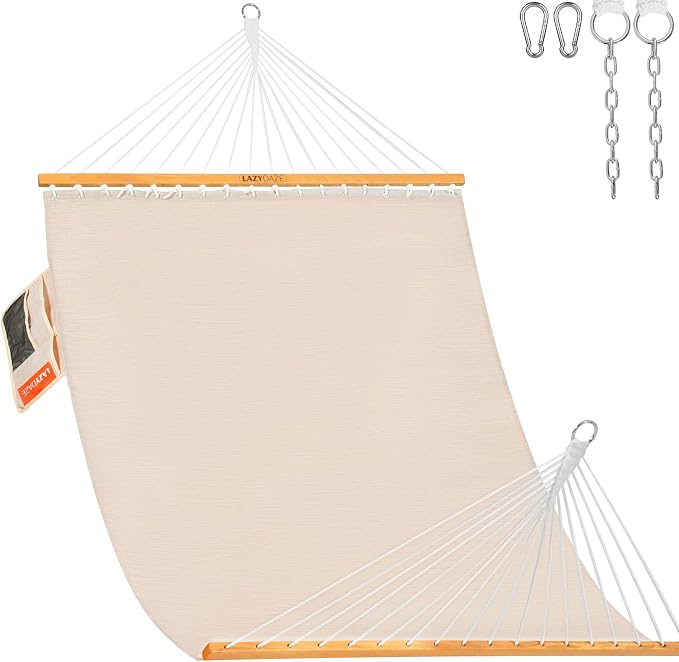 Lazy Daze Hammocks 11 FT Double Outside Hammock Quick Dry Olefin Fabric Hammock with Spreader Bar & Side Pocket for Outdoor Poolside Backyard 450 lbs Capacity, Beige