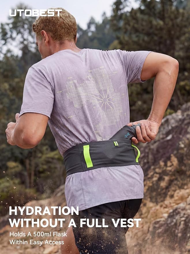 UTOBEST Running Belt for Men & Women, Bounce-Free Running Waist Pack Fits All Phones, 4-Pocket No Zipper Trail Running Belt Fits 500ml Soft Flask, Pole Carry Straps for Race, Trail (B7 Pro-Grey, S)