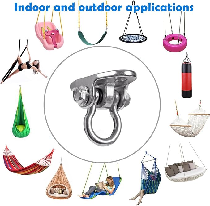 Heavy Duty 180° Swivel Swing Hook, 2 Pack Stainless Steel Swing Hanger for Ceiling Wooden Swing Set Bracket, Punching Bag Hanger for Playground Gym Rope Hammock Chair