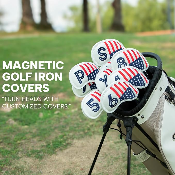 Magnetic Golf Iron Covers Premium Leather Iron and Wedge Golf Club Head Covers - Set of 10 Fits Most Clubs USA American Flag Head Cover Set Headcovers for Irons