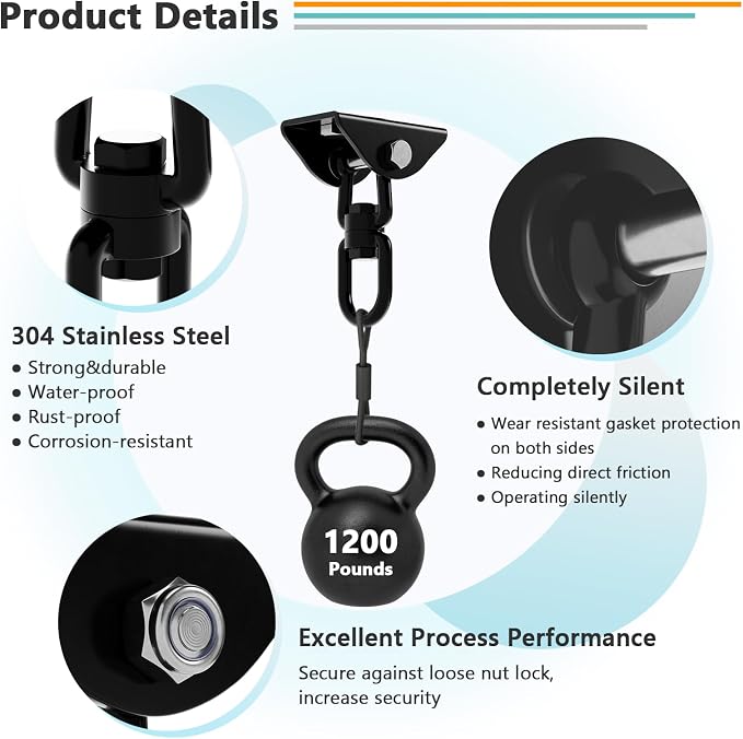 360°Rotating Hammock Hanging Kit, Heavy Duty 1200 lb Capacity Stainless Steel Hanging Swing Hooks, 2 Pack Swing Hanger for Yoga, Hammock Chair, Sandbag, Swing Sets(Black