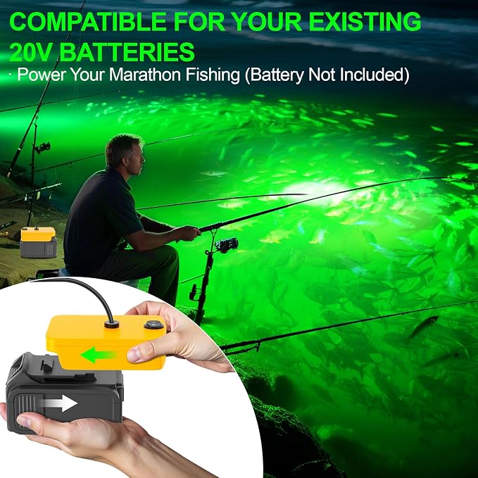 100W LED Underwater Fishing Light Compatible with for DeWalt 20V Battery (Not Included), 10000 Lumens, IP68 Waterproof Green Submersible Light with 8M Cable for Night/Boat/Ice Fishing