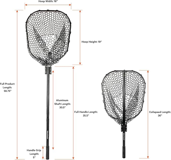 YakAttack Floating Fishing Net with Rubber Netting |16” x 19” Hoop, 11” Depth, 56” Telescoping Aluminum Handle | Snag-Free Landing Net for Kayak, Canoe, or Boat Anglers | Black