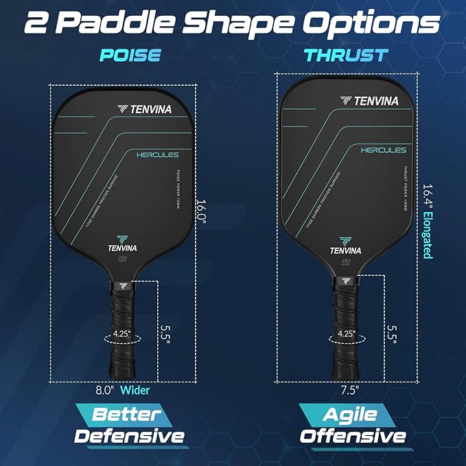 TENVINA Pickleball Paddles, Multi-Layer T700SC Textured Carbon Fiber Pickleball Paddle, Pickle Ball Paddle with Strong Spin & Power Surface, 4-Types of Shapes and Thicknesses, USAPA Approved