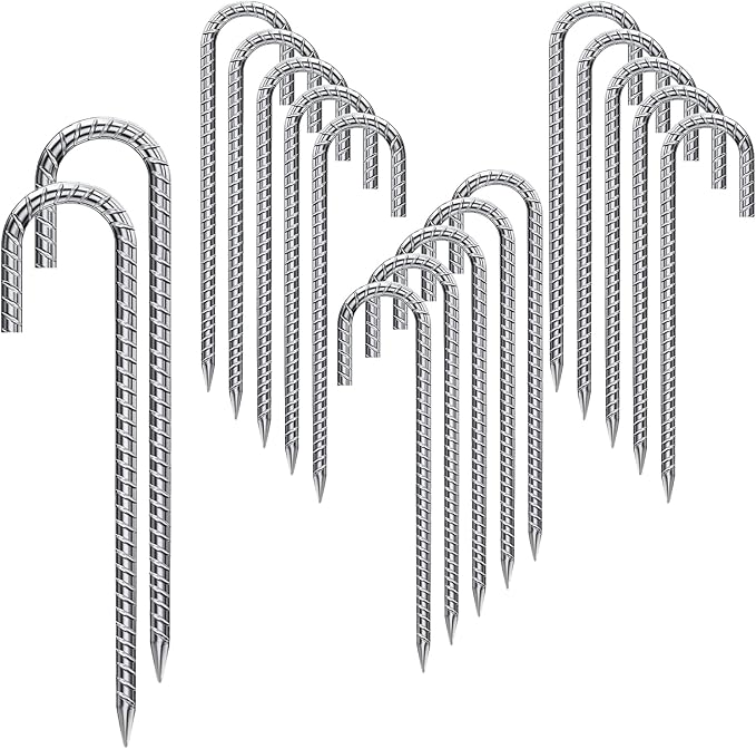 Rebar Stakes 16 Inch 17 Pack Tent Spikes Heavy Duty Metal J Hook, Fence Stakes for Trampoline, Fence, Camping Tent (17, J-16 x2/5")