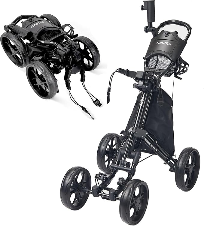FLAGTAG Golf Push Cart 4-Wheels,Folding Golf Cart, Golf Pull cart with Cup Holder,Umbrella Holder,Cooler Bag, Foldable with one-Click,Handle Height Adjustable,Drink Holder,Walking Push cart