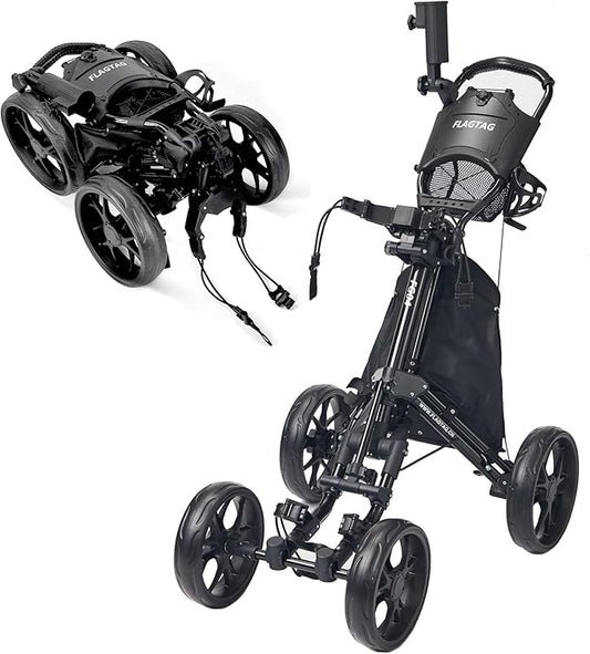 FLAGTAG Golf Push Cart 4-Wheels,Folding Golf Cart, Golf Pull cart with Cup Holder,Umbrella Holder,Cooler Bag, Foldable with one-Click,Handle Height Adjustable,Drink Holder,Walking Push cart