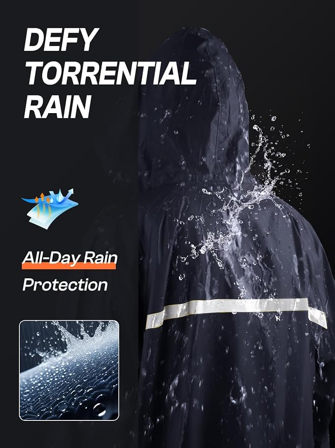 Mens Long Hooded Safety Rain Jacket Waterproof Emergency Raincoat Poncho
