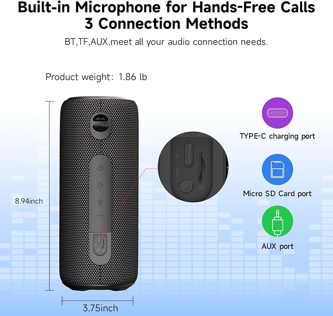 TAZATA Fun 300 30W Portable Bluetooth Speaker, IPX7 Waterproof & Dustproof, Bluetooth 5.3, Deep Bass, TWS Pairing, 8H Battery Life, Stereo HD Sound for Camping, Beach, Outdoor, Travel, Bike - Black