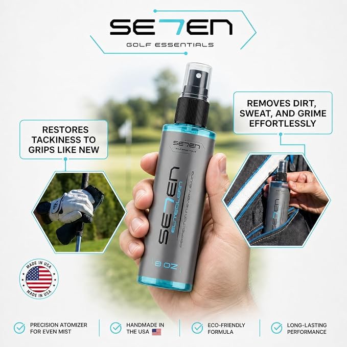 SE7EN EliteClean Golf Grip Cleaner Spray - Restores Tackiness & Control, Removes Sweat & Dirt, Golf Club Grip & Pickleball Paddle Cleaner, Safe for Sports Equipment, Includes Microfiber Towel (1 Pack)