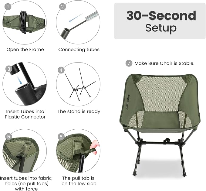 CAMEL CROWN Portable Camping Chair Lightweight Compact Folding Chair Mesh for Outdoor Camp Travel Beach Picnic Festival Hiking Backpacking Army Green
