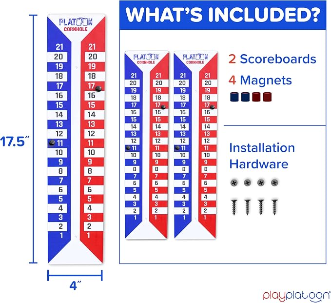 Play Platoon Cornhole Scoreboard Vertical Score Keeper Board & Accessories 4 Magnets, 4 Clothes Pin, PVC Tower Stand & Carry Bag Holder for Professional Corn Hole Bag Tournament