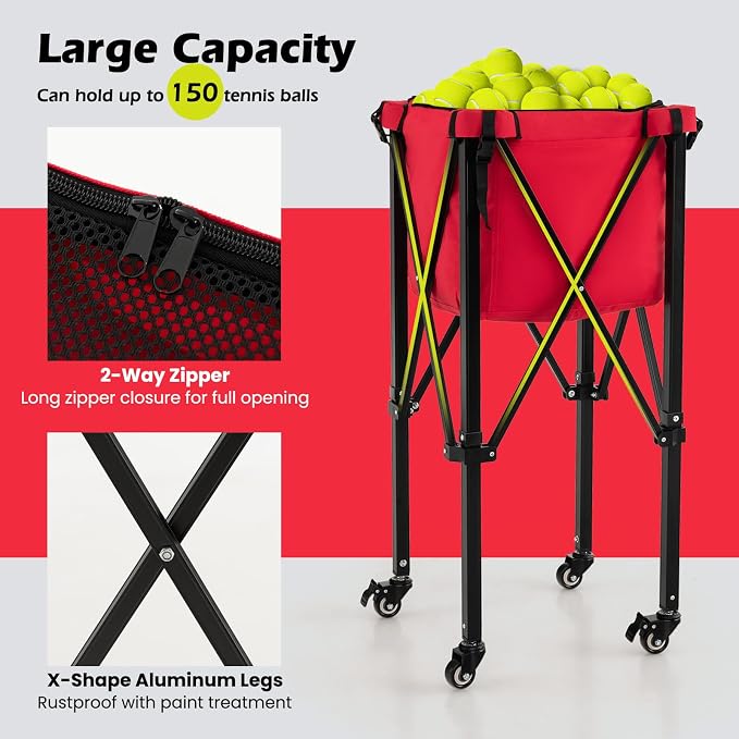 Tennis Ball Hopper Cart with Wheels, Portable Tennis Ball Basket Holds 150 Balls, Collapsible Aluminum Tennis Basket for Balls Pickup, Pro Sports Teaching Cart for Tennis Pickleball Baseball
