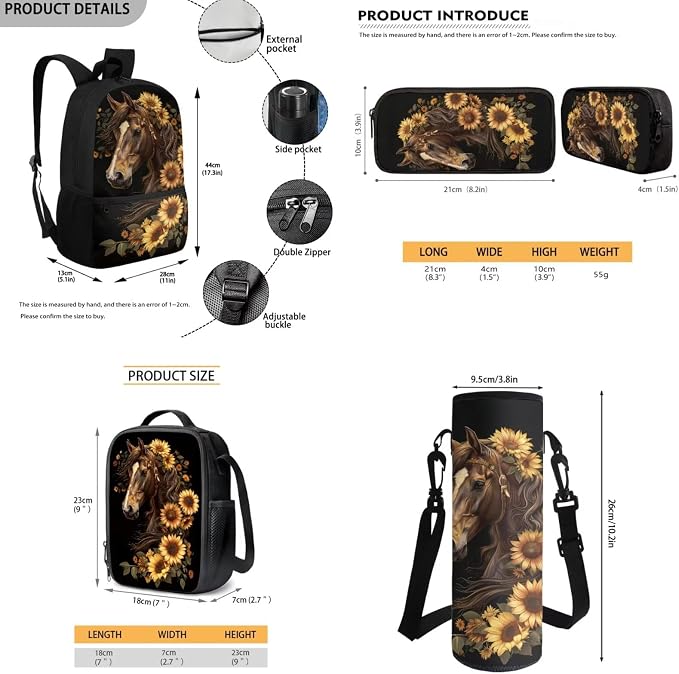 Sunflower Horse Backpack for Girls School Bag with Lunch Bag Pencil Case Water Bottle Holder Kids Bookbag 4 PCS Elementary Daypack Back to School Accessories