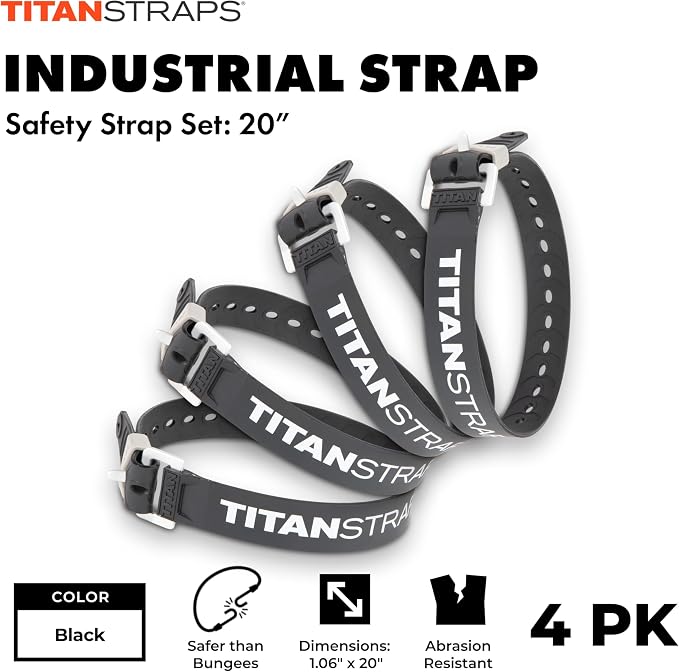 Titan Industrial Straps – Strong & Simple Tie-Downs for Construction (Welders, DIY Home) & 1st Responders – 3 Year Warranty, Batch Tested – 70 lb. Working Load, 20" Length, Black, 4-Pack
