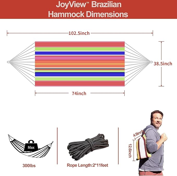 JoyView Brazilian Hammock for Single Preson Portable Hammock with Hanging Ropes & Carry Bag Large 74x38.5” for Patio 300LBS Capacity Perfect for Outdoor/Indoor - Color Stripes