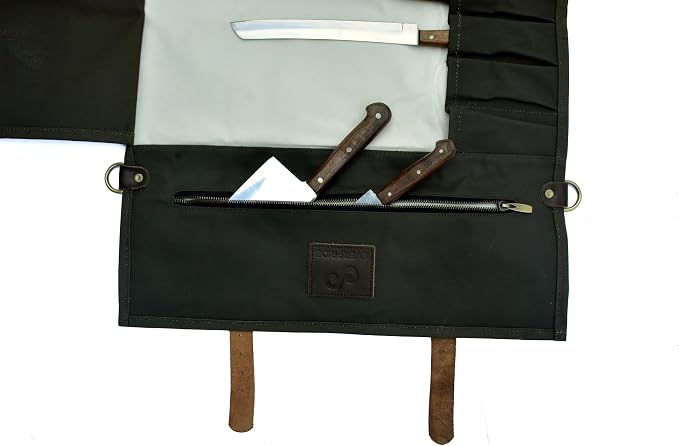 EVERPRIDE Stunning Waxed Canvas Roll Bag in Rich Dark Green w Genuine Leather Trim. Handsome Professional Chef Knife Roll Bag with upto 14" Knives and Storage Compartments A Super Gift