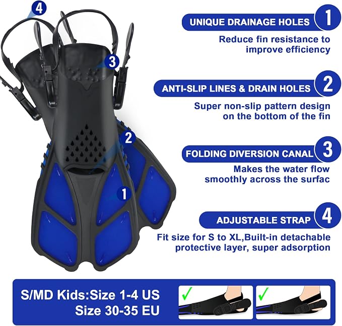 Kids Snorkeling Set - Adjustable Flippers + Panoramic Snorkel Mask + Dry Snorkel Tube + Travel Bags - Suitable for Kids & Juniors, Age 5-14
