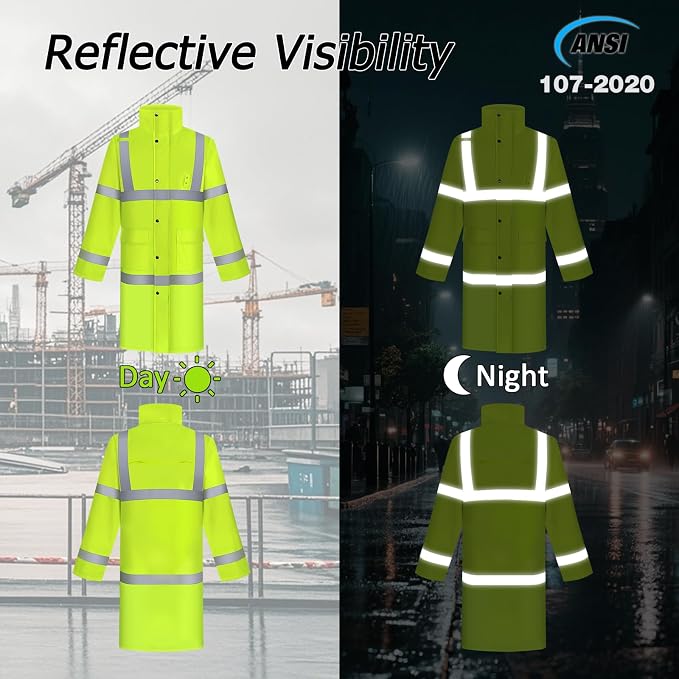 Hi Vis Rain Jacket Rain Suits for Men, Hihg Visibility Waterproof Rain Coat with Hood, Class 3 Lightweight High Vis Rain Gear for Outdoor & Safety Work, Men Women, Yellow Long, XL