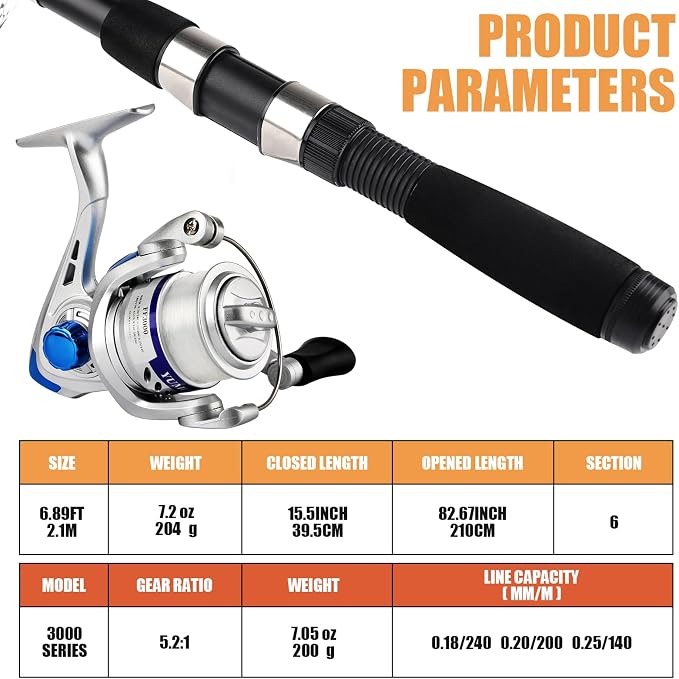 Telescopic Fishing Rod Reel Combo 2pcs 6.89FT Saltwater Fishing Gear Set | Collapsible Spinning Pole Reel Kit Compact Fishing Lures Tackle Accessories Lightweight Travel Fishermen Gift