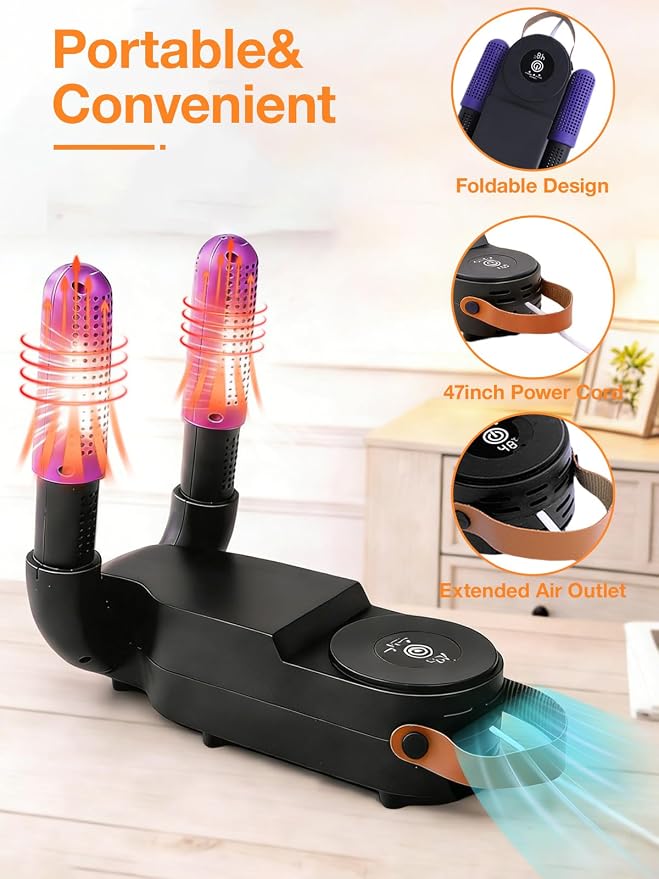 Hockey Glove Dryer, 48°C/118°F Constant Temp Warm Air with Dual Airflow, 0–120 Min Timer Auto Shutoff, Foldable Portable Heat Blower to Dry Hockey Gloves Fast & Help Reduce Odor