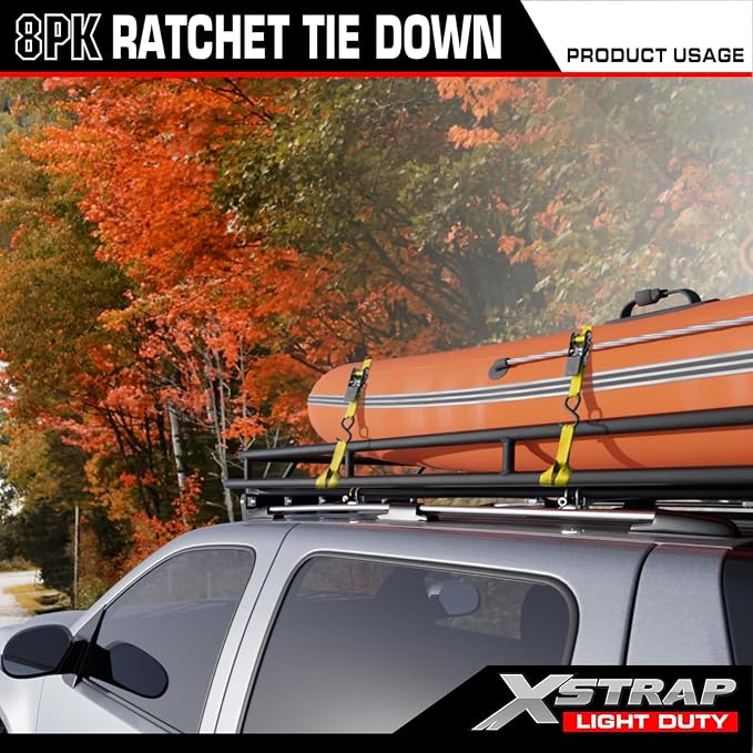 XSTRAP STANDARD 8-Pack Ratchet Tie Down Straps, 1" x 10ft, 900lb Break Strength Heavy Duty Straps for Motorcycles, ATVs, Lawn Equipment, Appliances & Truck Cargo - Yellow