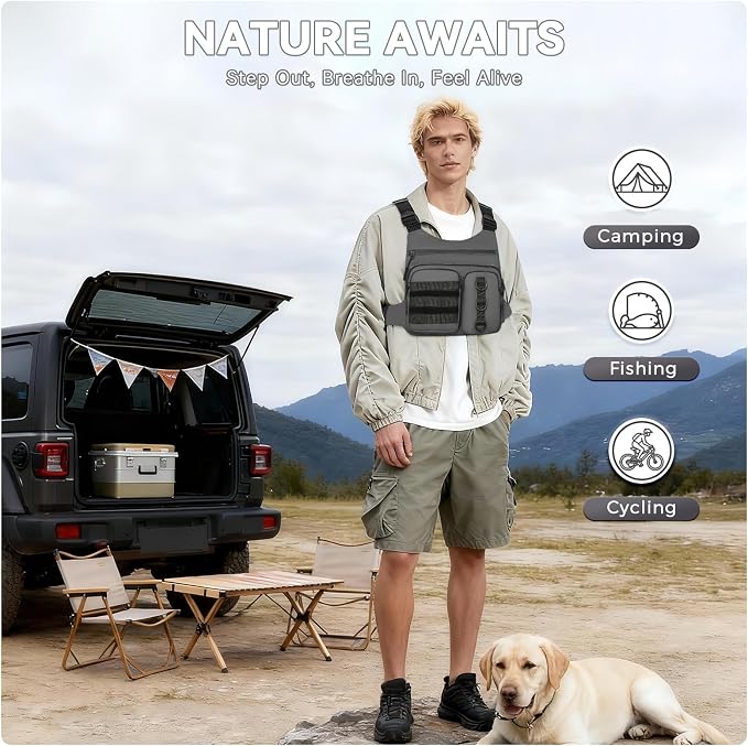 Criuage Outdoor Chest Bag for Men, Lightweight Adjustable Running Vest, Water Resistant EDC Chest Pack with Water Bottle Pocket, Breathable Back Pad for Hiking Cycling Fishing Travel