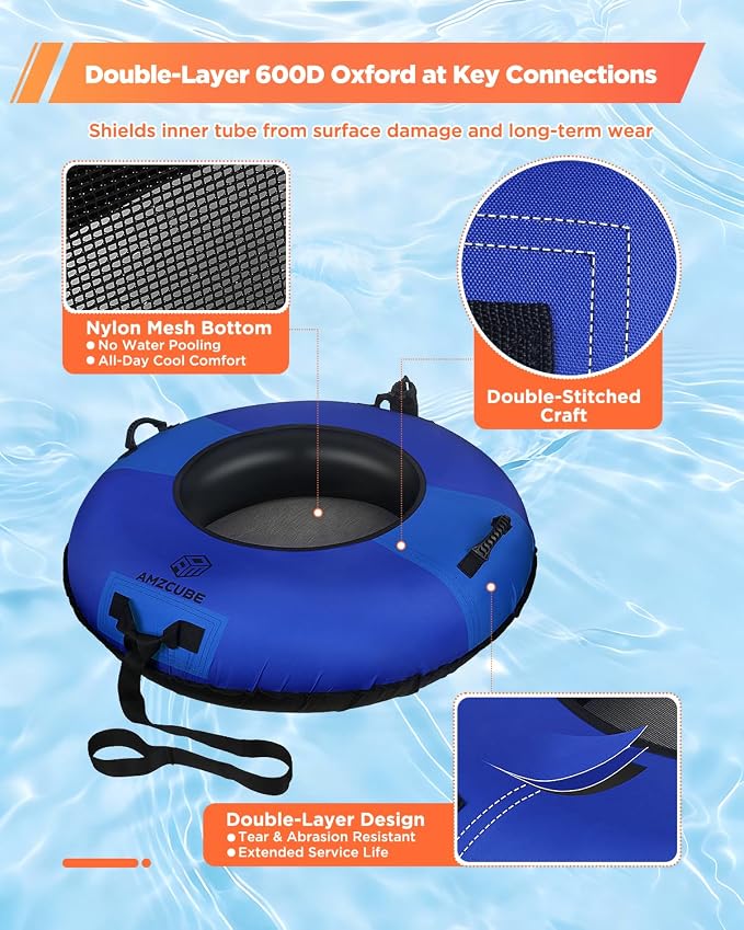 Heavy Duty River Tube for Floating, 44" River Float for Adults with Upgraded Handles and Drink Holder, Abrasion Proof 600D Canvas Cover Outdoor Inflatable Water Tube with Towable Strap