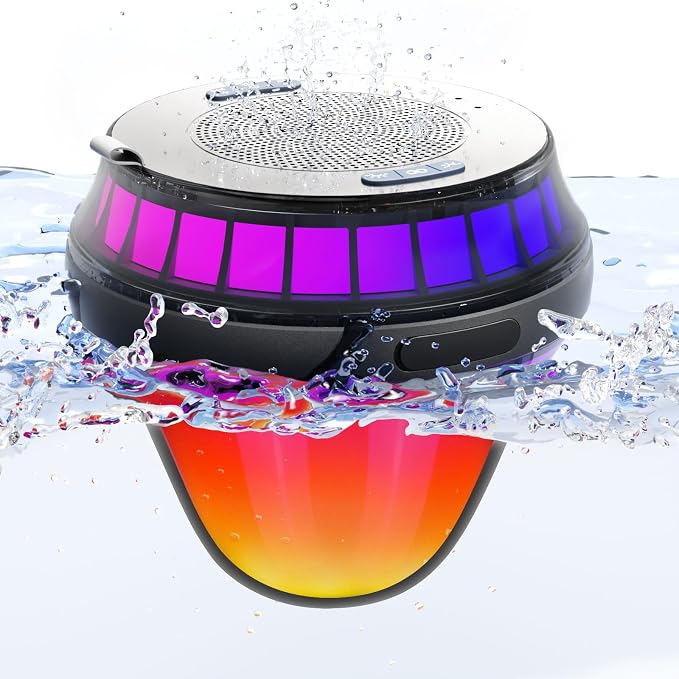 Floating Speaker for Pool, IPX7 Waterproof Floating Hot Tub Speaker with Colorful Lights, 12W Stereo Loud Sound, TWS, Portable, Wireless Party Gifts for Shower, Spa, Beach