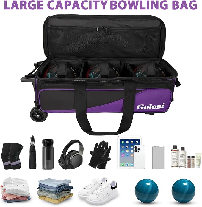Goloni 3 Ball Bowling Bag with Wheels, Rolling Bowling Roller Bag with Retractable Handle for Balls & Bowling Accessories
