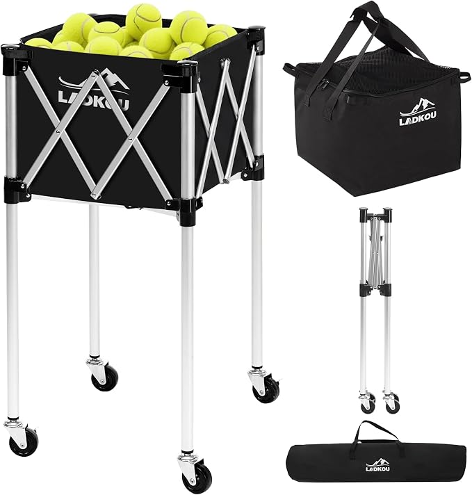 Extra Large Tennis Ball Hopper, Holds 200 Balls, Foldable Tennis Ball Basket with Wheels & Removable Bag, Lightweight Pickleball Caddy Cart for Baseball/Softball, for Training/Teaching