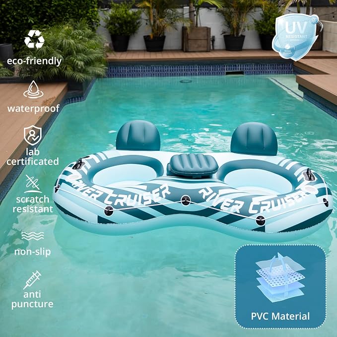Heavy Duty 2 Person River Tubes for Floating with Cooler Inflatable Floating Lounger Premium Water Rafts Pool Float Above Lake and River for Adults Double Green