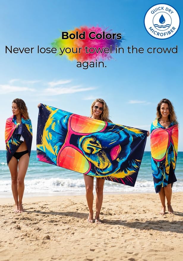 Microfiber Happy French Bulldog in Sunglasses Colorful Beach Towel for Women, Girls, Kids, Men, Plush Beach Towel, Quick Dry Pool Towel Super Soft, Oversized 31x62 Inches