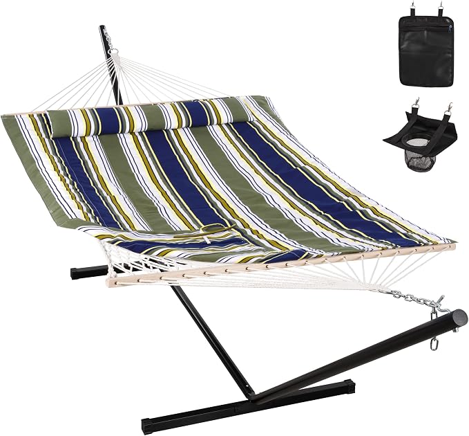 ANOW Double Rope Hammock with Stand 12FT, Heavy Duty Hammock with Polyester Pillow and Pad, 450 LBS Weight Capacity, Blue & Green Stripes