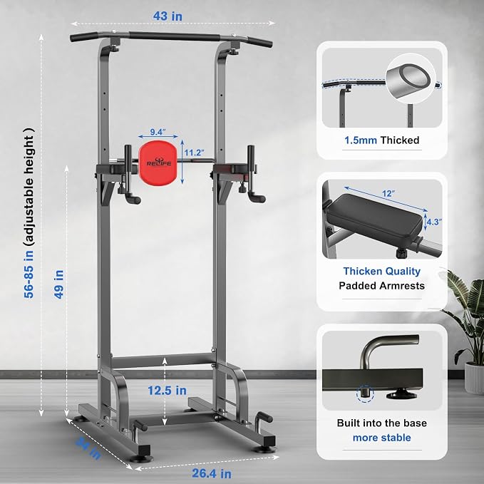RELIFE Power Tower Pull Up Bar Station Workout Dip Station for Home Gym Strength Training Fitness Equipment,400LBS