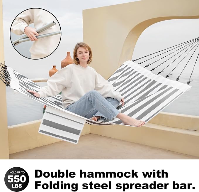 GAFETE 14ft 2 Person Hammock for Outside, Quick Dry Textilene, Portable Hammocks Without Stand with Folding Steel Spreader Bar, Carrying Bag, Tree Straps & Sidebag, 550 lbs Capacity (Black White)