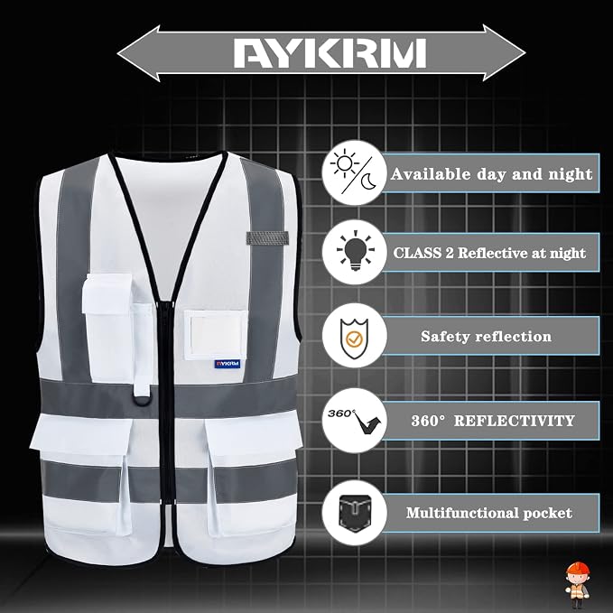 A-SAFETY 6XL-8XL,Hi Reflective Safety Vest,Hi Vis Bright Neon Colors Safety Vest with 4 Reflective Strips 7 Pockets(White)