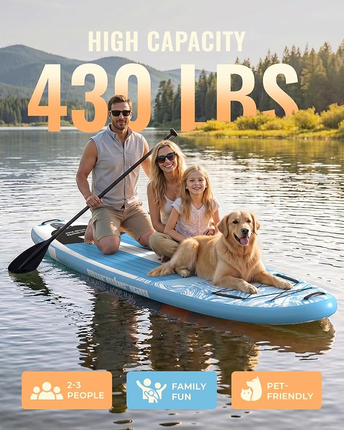 11'x34 Inflatable Paddle Board for Adults Youth, Extra Wide 430LBS Capacity SUP, Stable 2-3 Person Family for Lake Ocean Fishing Surfing Yoga, Includes Accessories