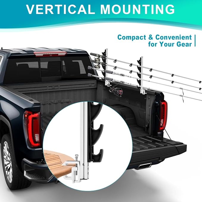 Heavy-Duty Aluminum Fishing Rod Holder for Truck Bed, 4 Rods Truck Fishing Rod Holds with C-Clamp Mount