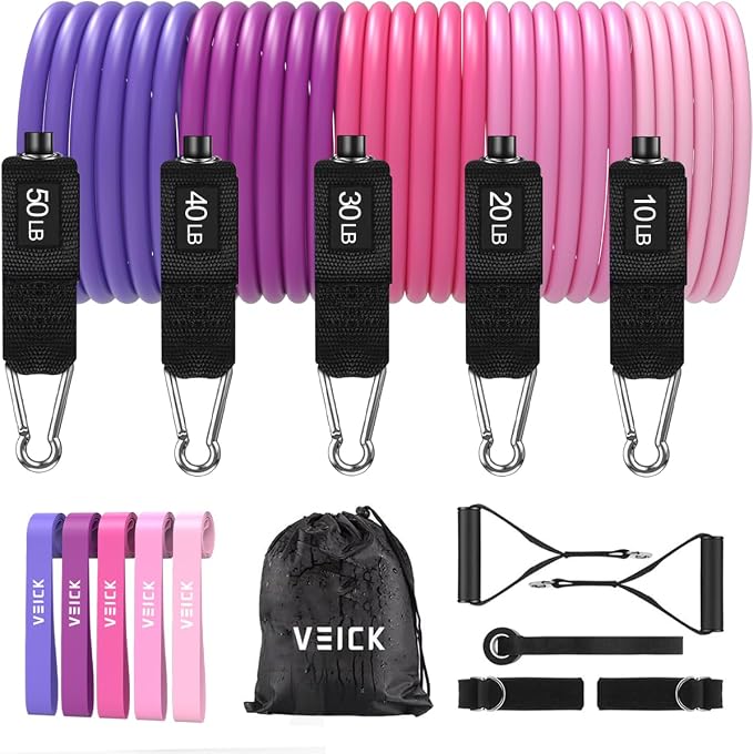 VEICK Resistance Bands Set, 10-150 LBS Stackable Exercise Bands with Handles, Ankle Straps & Door Anchor, Workout Bands for Home Gym, Yoga, Pilates, Physical Therapy for Men Women