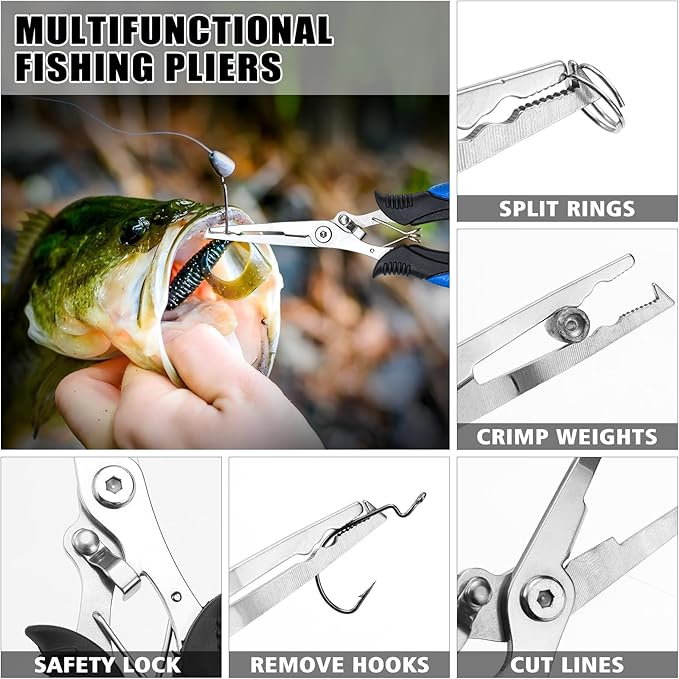 Fishing Tool Kit, 11 Pieces Fishing Gear, Fishing Pliers with Lanyard, Fillet Knife, Fish Lip Gripper, Fly Ice Fishing Hook Extractor, Anti-Cutting Gloves