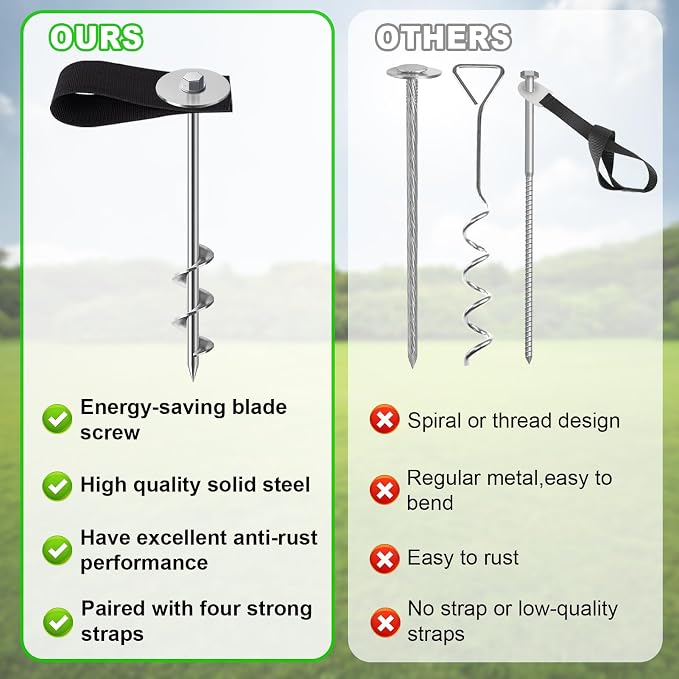 Eurmax USA 4 Pack Universal Ground Anchors High Wind, Heavy Duty Screw-in Trampoline Stakes with 4 Straps, Upgraded Commercial Anchor Kit for Outdoor Sheds, Swing Sets & Mobile Homes (Silver)