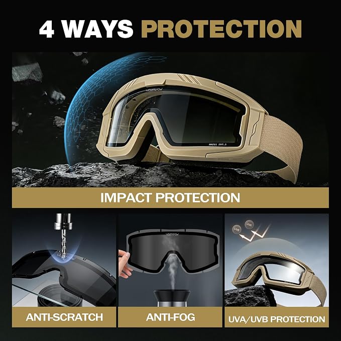 Airsoft Goggles OTG, ANSI Z87.1+ Anti-Fog Tactical Safety Goggles, Impact-Resistant Dust-Proof Eye Protection