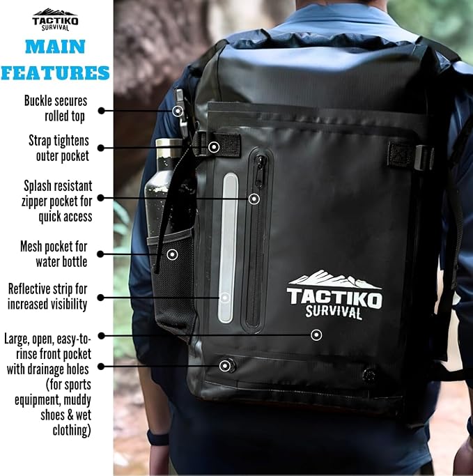 Tactiko Survival 30L Heavy-Duty 100% Waterproof Backpack - Equipment Pocket, Carabiner - Roll Top Floating Dry Bags (Jet Black)
