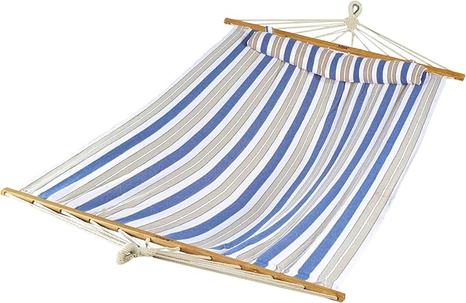 Bliss Hammocks BH-404H 48in Wide Caribbean Hammock w/Pillow, Poolside Patio Backyard Hammock, Includes Straps & Chains, Eco Friendly Polyester & Cotton Blend, 265 Pound Capacity, Nautical Stripe