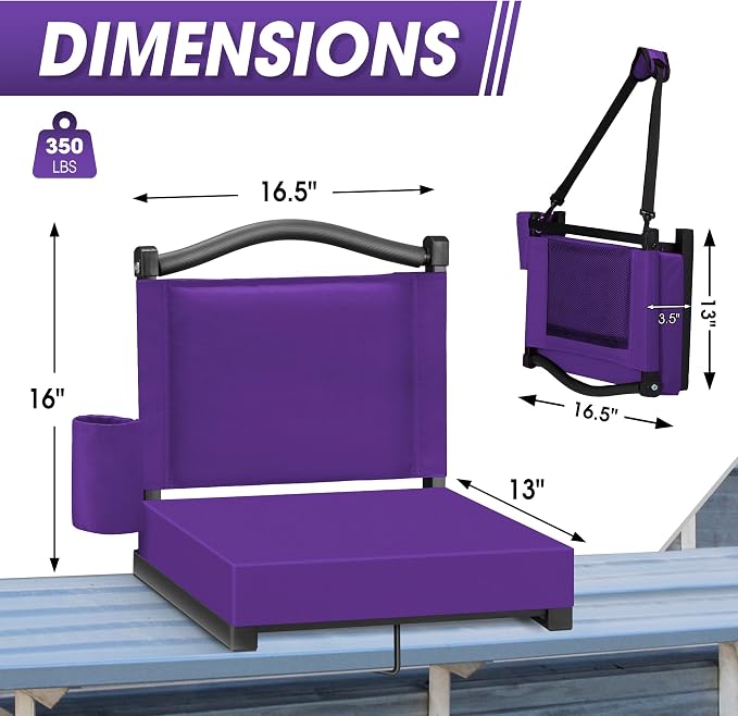 Fragess Bleacher seat, Stadium Seats with Back Support and Thick Cushion, Bleacher Chairs with Shoulder Strap and Side Pocket, Stadium Seat for Bleachers, Perfect for Sports Events(Purple)