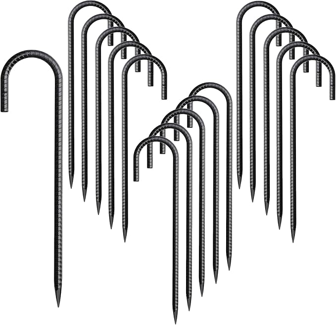 Rebar Stakes 12 Inch 16 Pack Tent Spikes Heavy Duty Metal J Hook, Fence Stakes for Trampoline, Fence, Camping Tent (16, J-12 x5/16 Black)