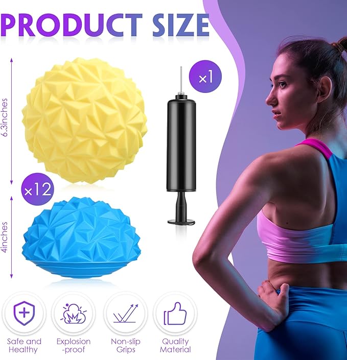 12 Pcs Balance Pods Sensory Stepping Stones for Kids Stability Balance Trainer Dots Ball Half with Hand Pump Physical Therapy Dome Balance Disc for Adults Core Strength Coordination Yoga Exercise